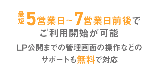 最短5営業日～7営業日前後でご利用開始が可能 LP公開までの管理画面の操作などのサポートも無料で対応
