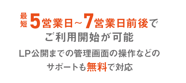 最短5営業日～7営業日前後でご利用開始が可能 LP公開までの管理画面の操作などのサポートも無料で対応